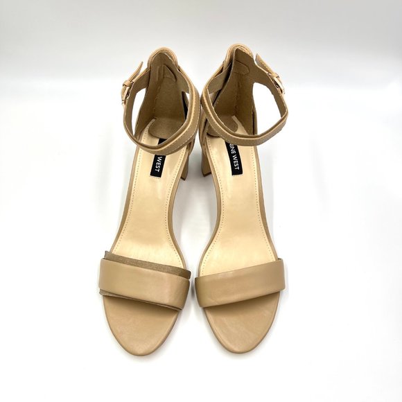 Nine West Pruce Beige Tan Natural Leather Open Toe Block Heels Sandals Shoes 10M - Picture 3 of 13